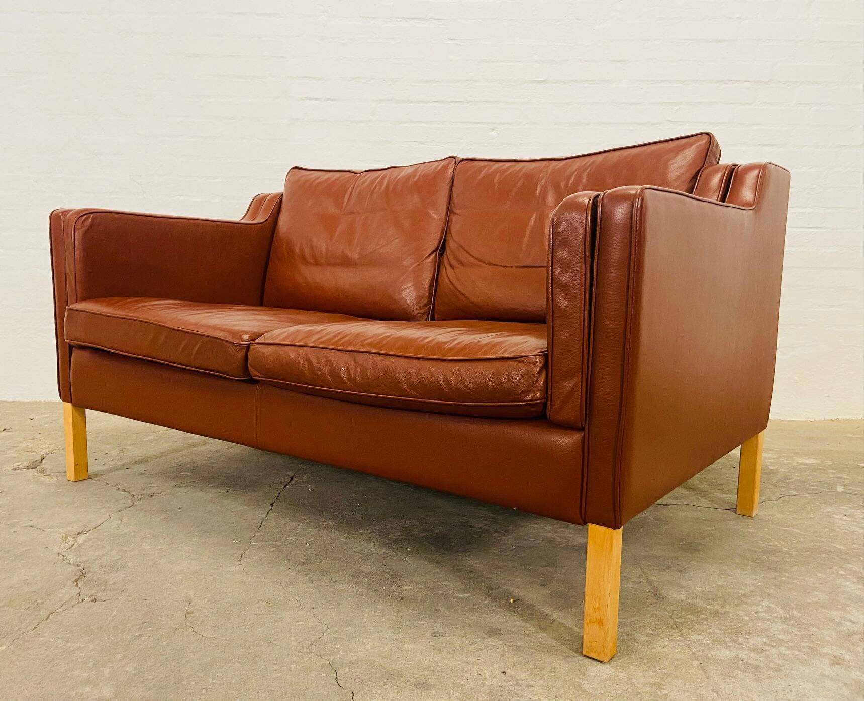 Vintage danish mid century stouby dark cognac leather 2 seater sofa