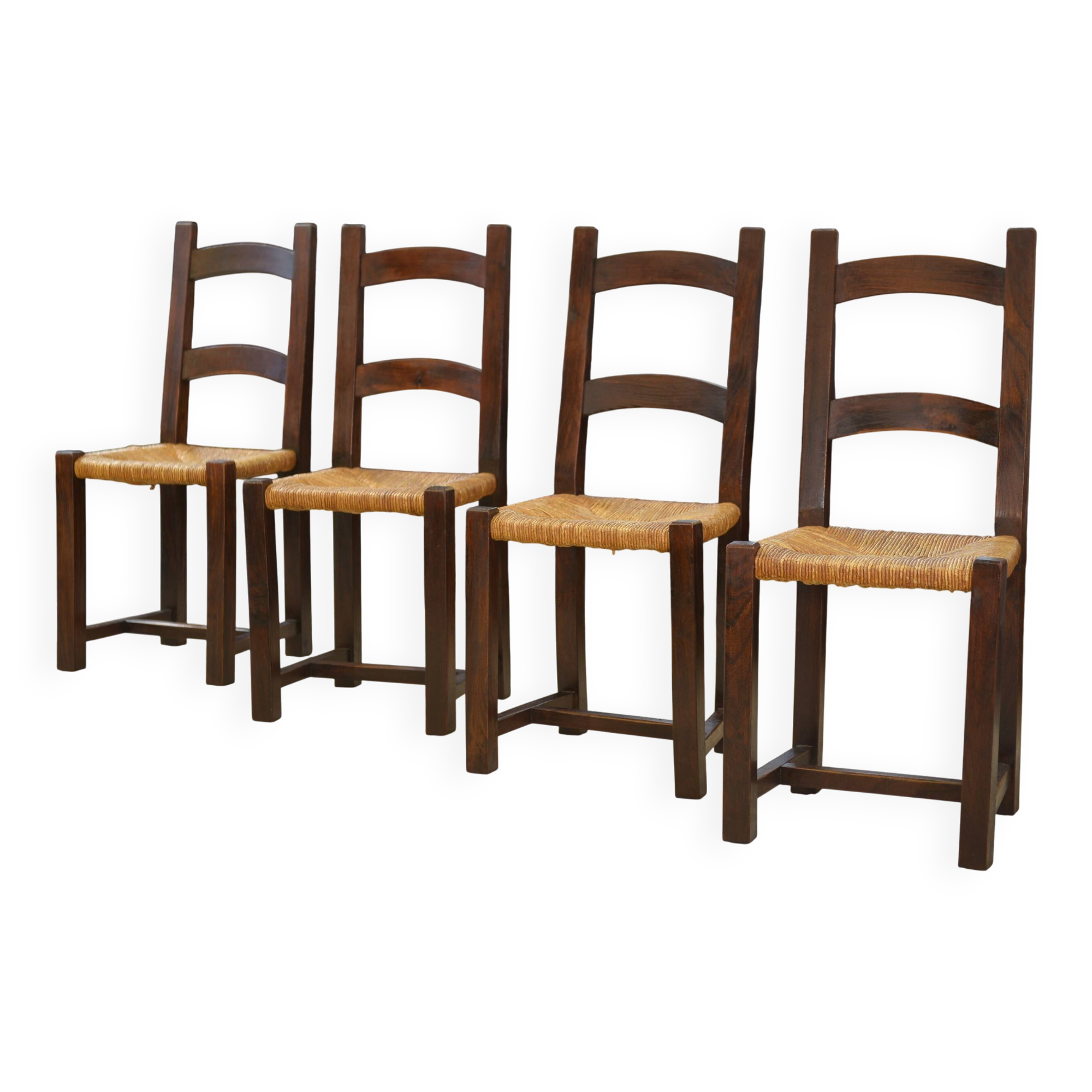 Set of 4 chairs in elm and straw by Aranjou 1950s