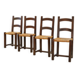 Set of 4 chairs in elm and straw by Aranjou 1950s