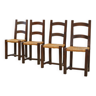 Set of 4 chairs in elm and straw by Aranjou 1950s