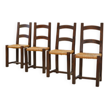 Ensemble de 4 chaises en orme et paille par Aranjou, 1950