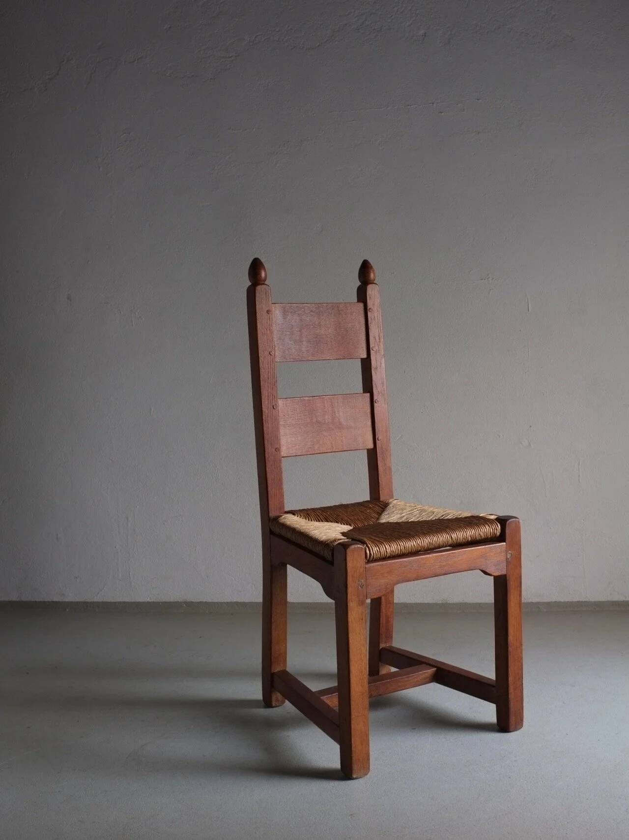 4 brutalist oak rush seat chairs | France | 1960s