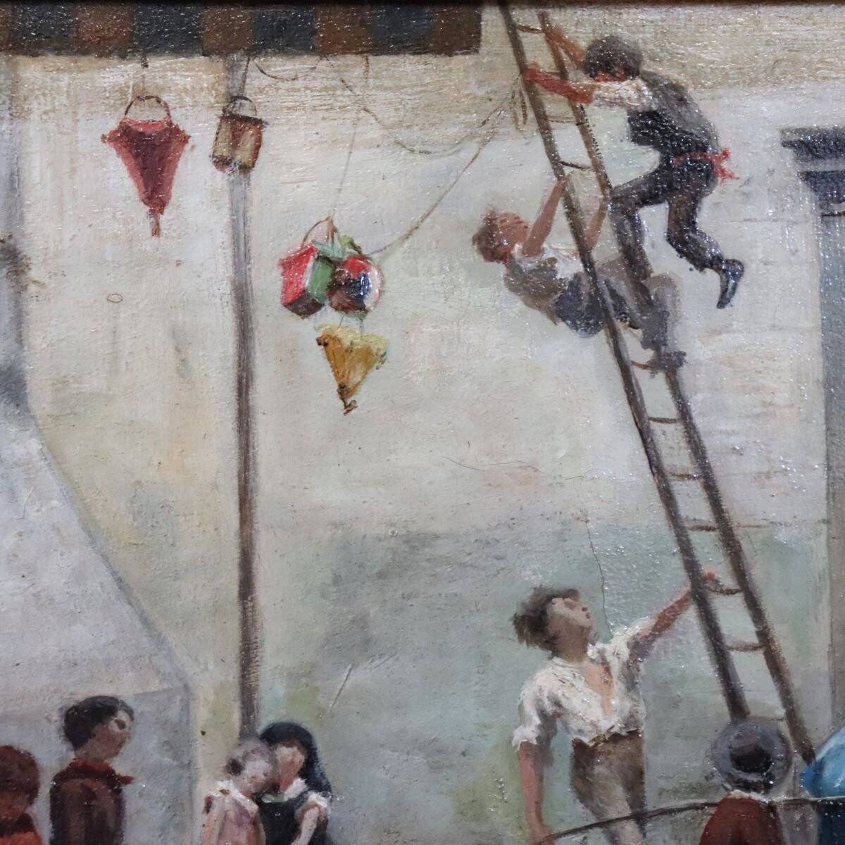 Oil Painting On Canvas, Children At Play, Italy, 19th Century