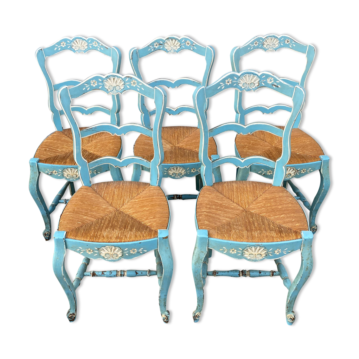 Set of 5 painted mulched chairs