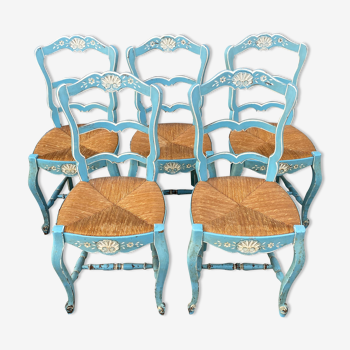 Set of 5 painted mulched chairs