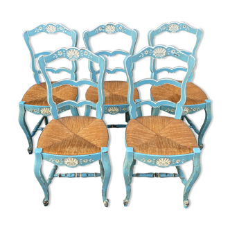 Ensemble de 5 chaises paillées peinte