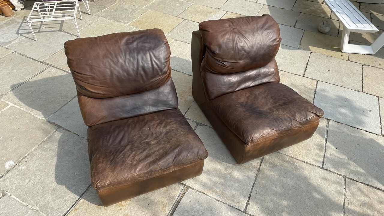 Pair of vintage leather armchairs / fireside chairs / clubs, 1970s