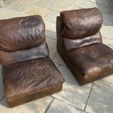 Pair of vintage leather armchairs / fireside chairs / clubs, 1970s