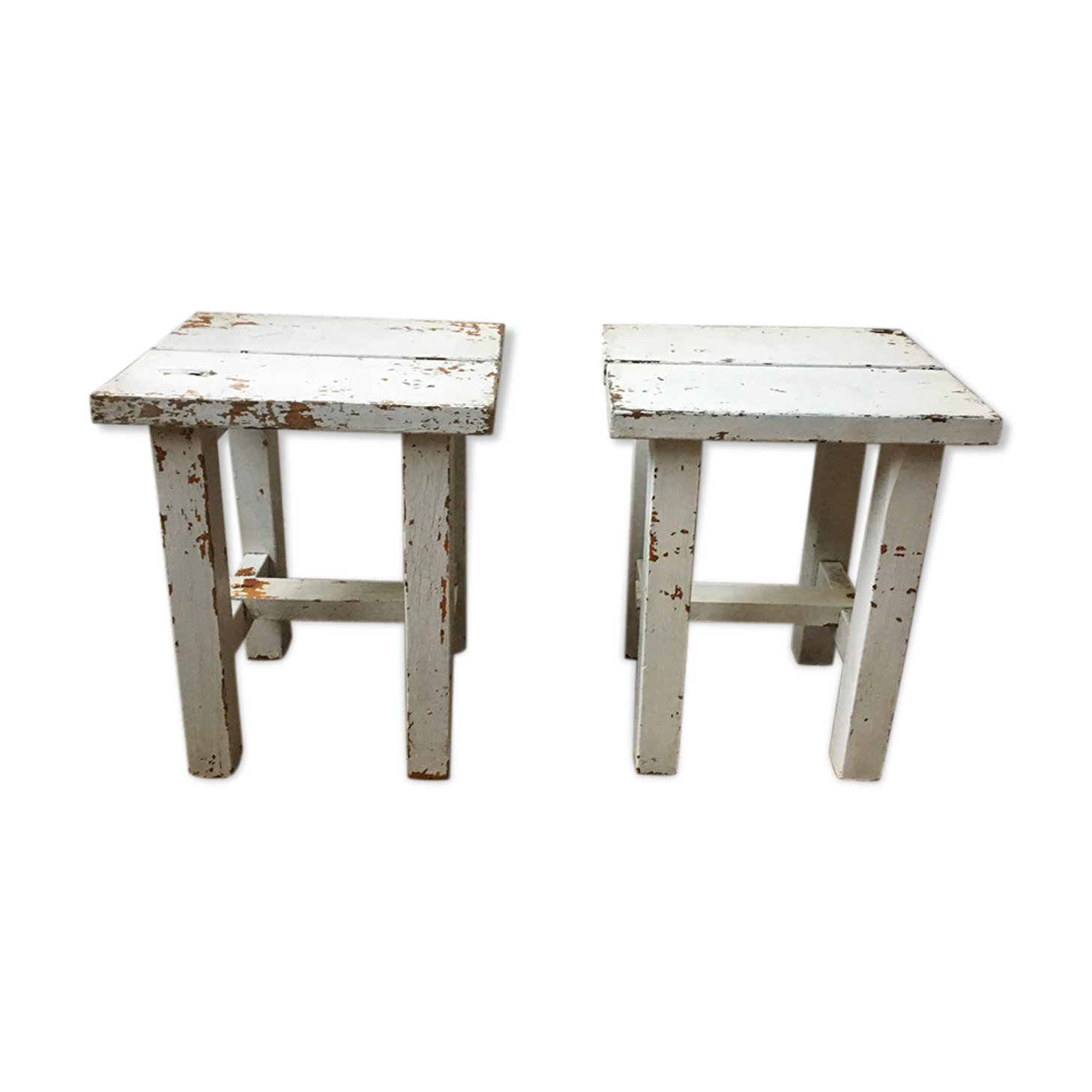Stools, patinated wooden bedside tables