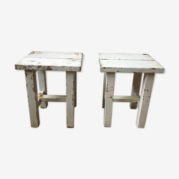 Stools, patinated wooden bedside tables