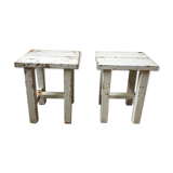 Stools, patinated wooden bedside tables