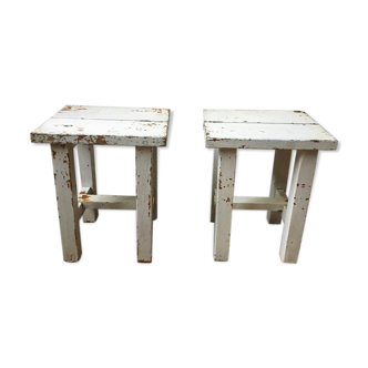 Stools, patinated wooden bedside tables