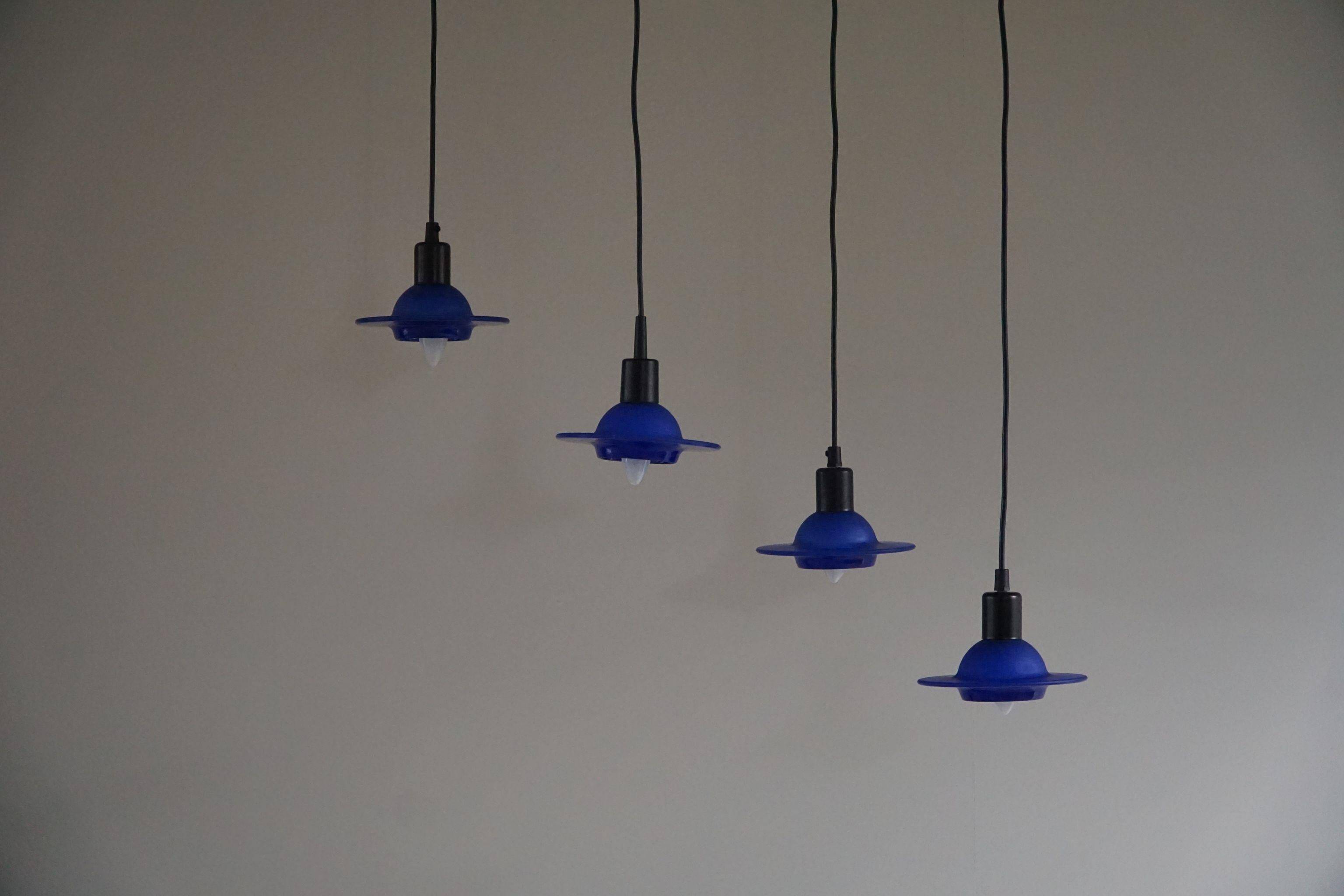 Set of 4 vintage blue glass pendants, made by Design Light A/S, Denmark, 1990s.