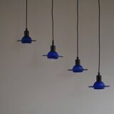 Set of 4 vintage blue glass pendants, made by Design Light A/S, Denmark, 1990s.