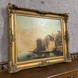 Italian school painting from the 19th century around 1800: oil on canvas, view of a lively port