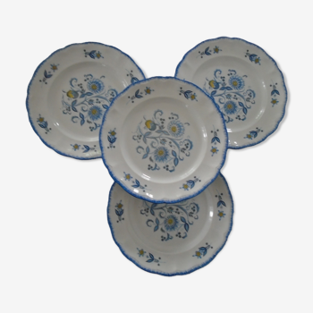 4 assiettes plates Keller & Guerin Luneville décor fleurs Passiflore bleue faience ancienne