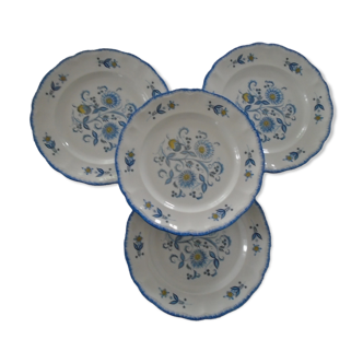 4 flat plates Keller & Guerin Luneville décor flowers Passionflower blue faience old