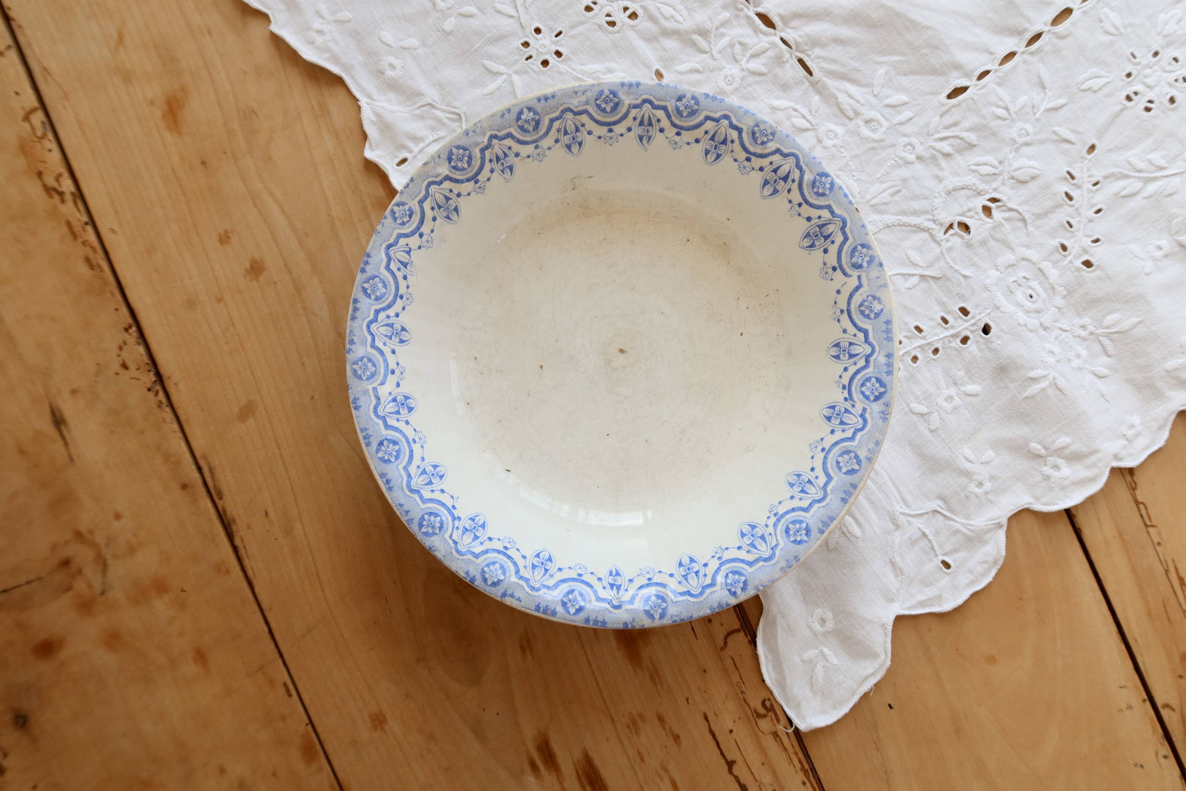 Old round deep plate ironstone Boch La Louvière Clara – Blue decoration