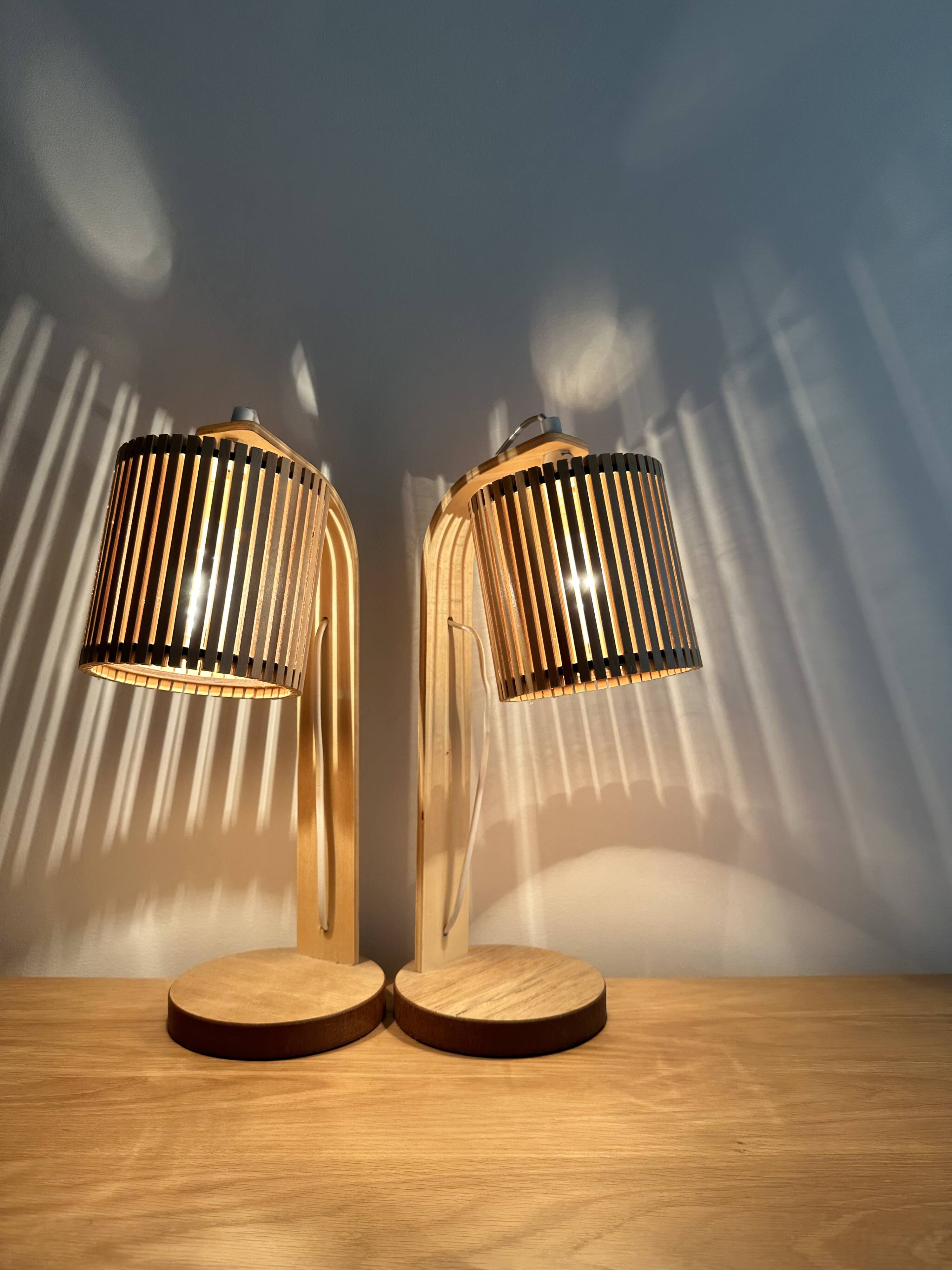 Pair of large Scandinavian lamps in natural wood.