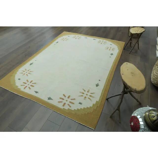 1970s Vintage Turkish Oushak Handmade Wool Cotton Beige Area Rug 172x225