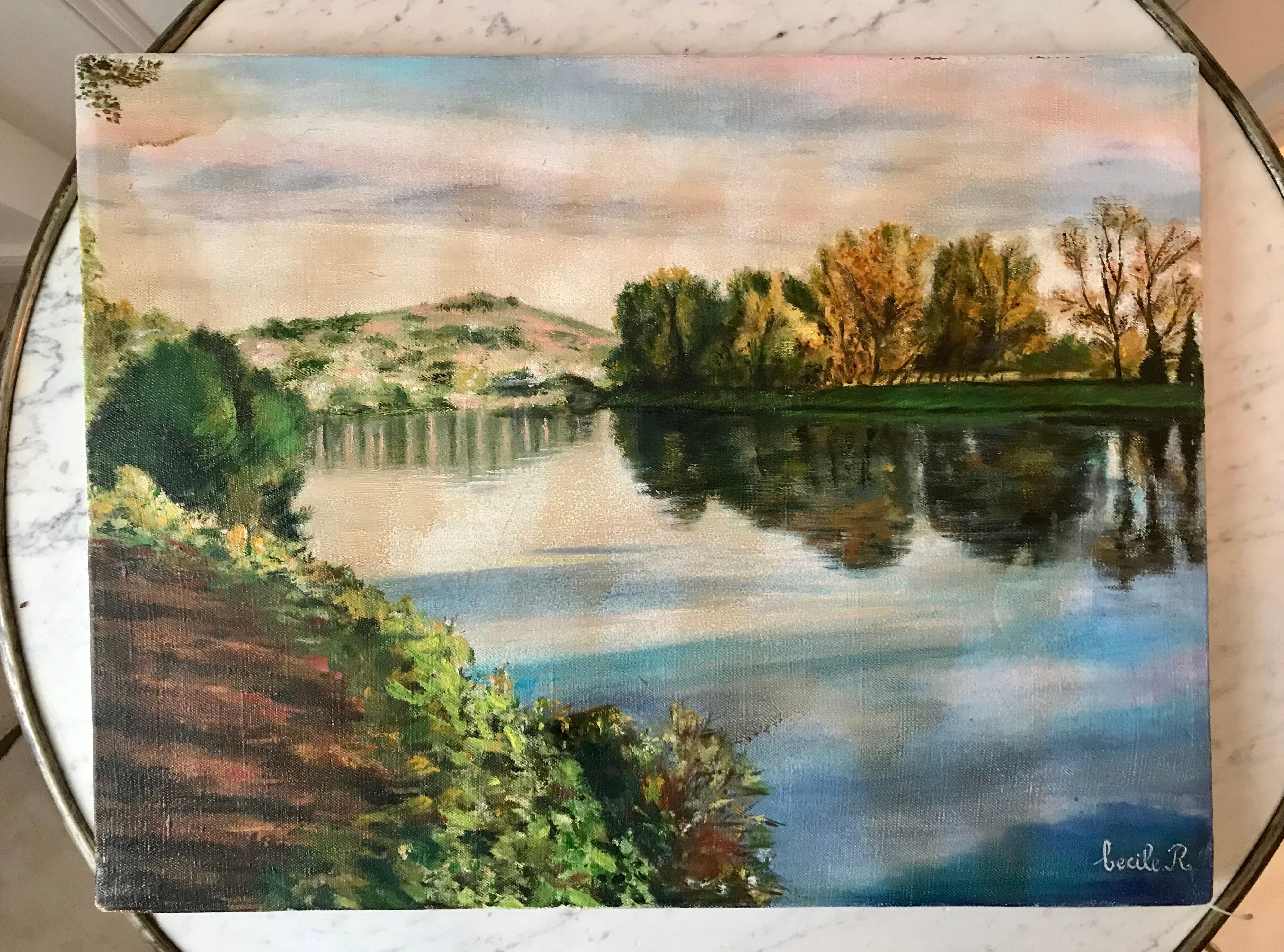 Oil painting on canvas winter landscape and lake signed vintage