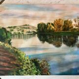 Oil painting on canvas winter landscape and lake signed vintage