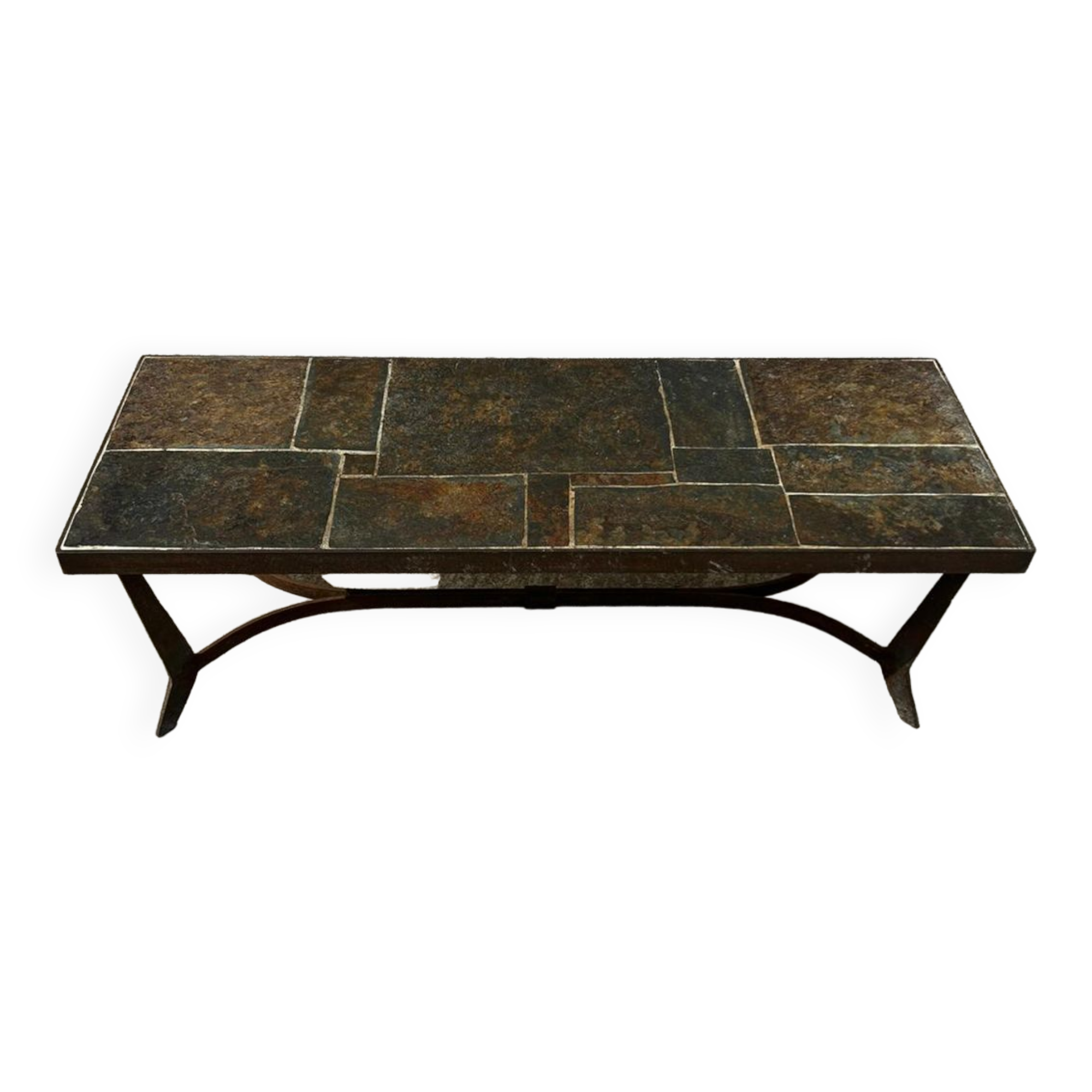 Coffee table with stone top and iron legs