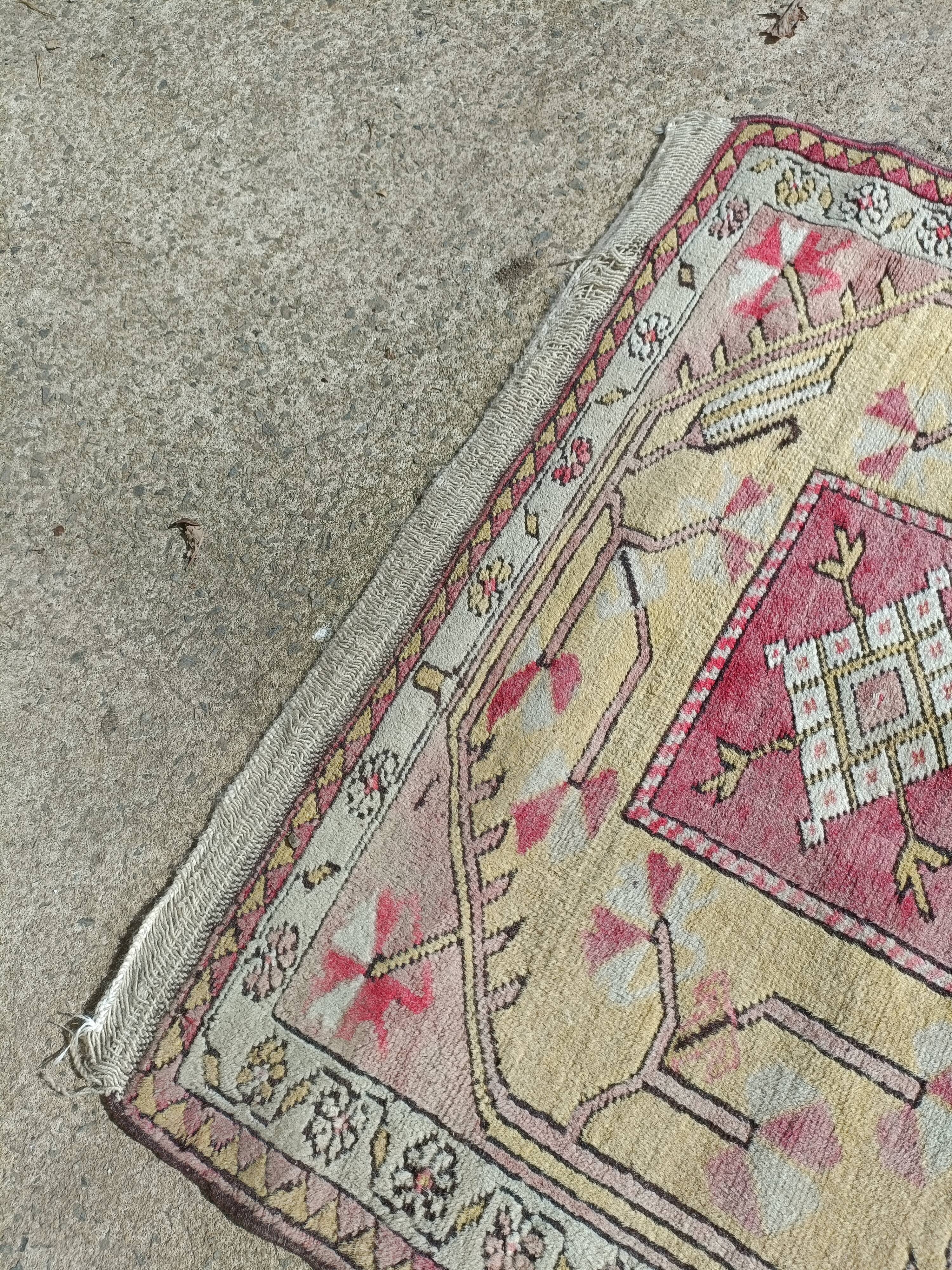 Turkish carpet handmade yellow background pink decoration, 127x91 cm