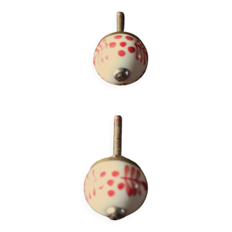 Pair of white and red porcelain drawer cupboard door knobs