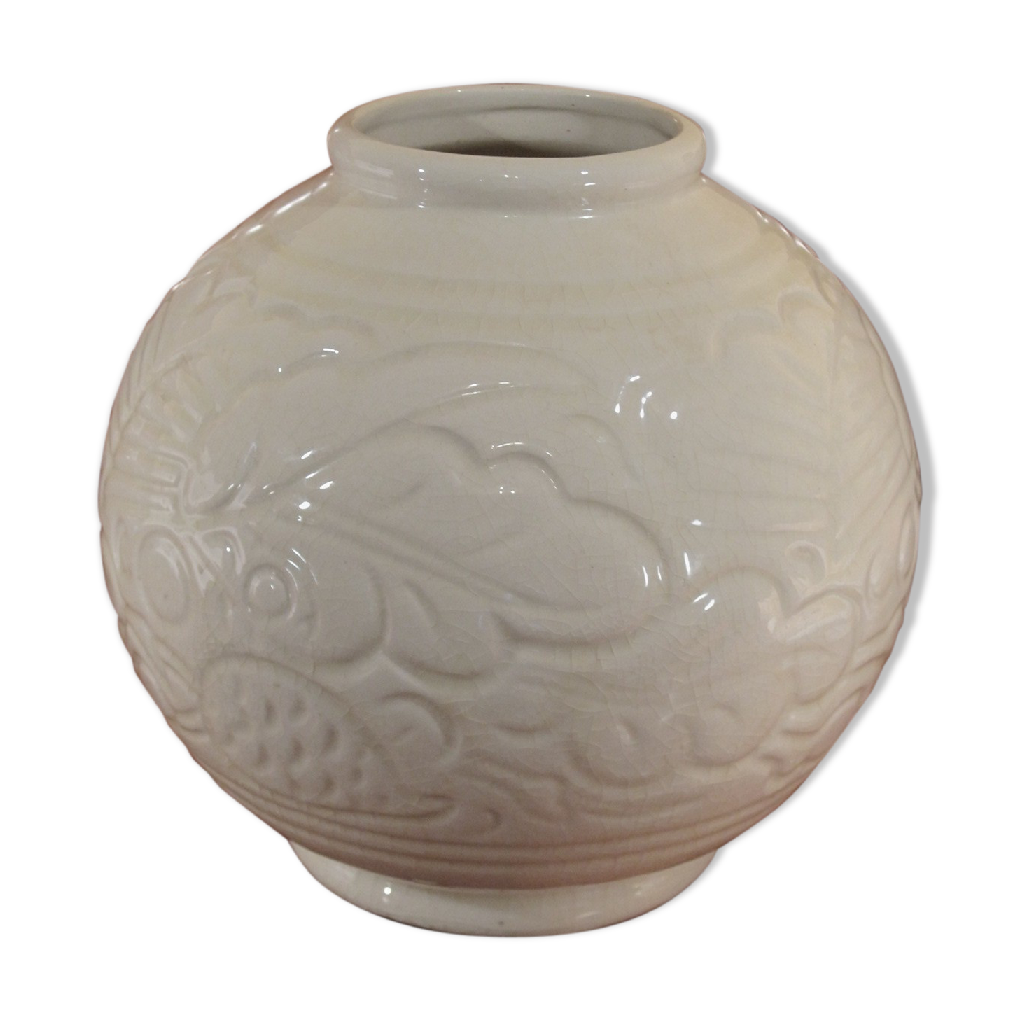 ART DECO cracked earthenware vase white Ecru St. CLEMENT bird series