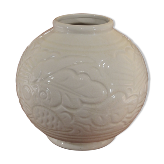 ART DECO cracked earthenware vase white Ecru St. CLEMENT bird series