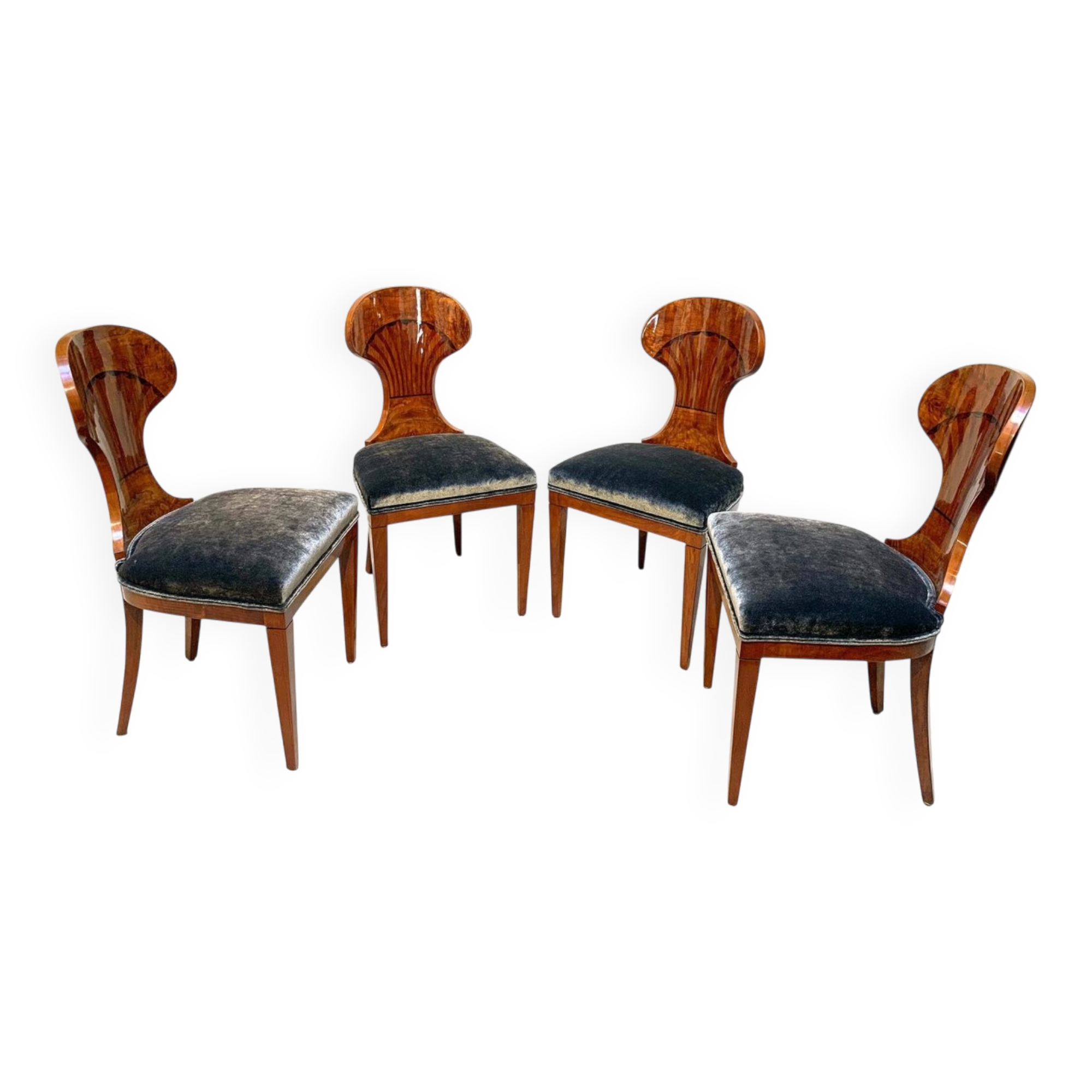 Biedermeier Ballon Chairs, Ash Veneer, Grey Velvet, Vienna, 1900, Set of 4