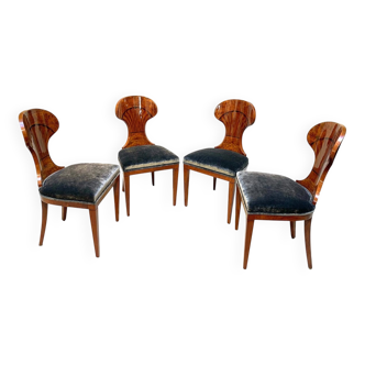 Biedermeier Ballon Chairs, Ash Veneer, Grey Velvet, Vienna, 1900, Set of 4