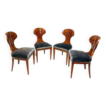 Biedermeier Ballon Chairs, Ash Veneer, Grey Velvet, Vienna, 1900, Set of 4