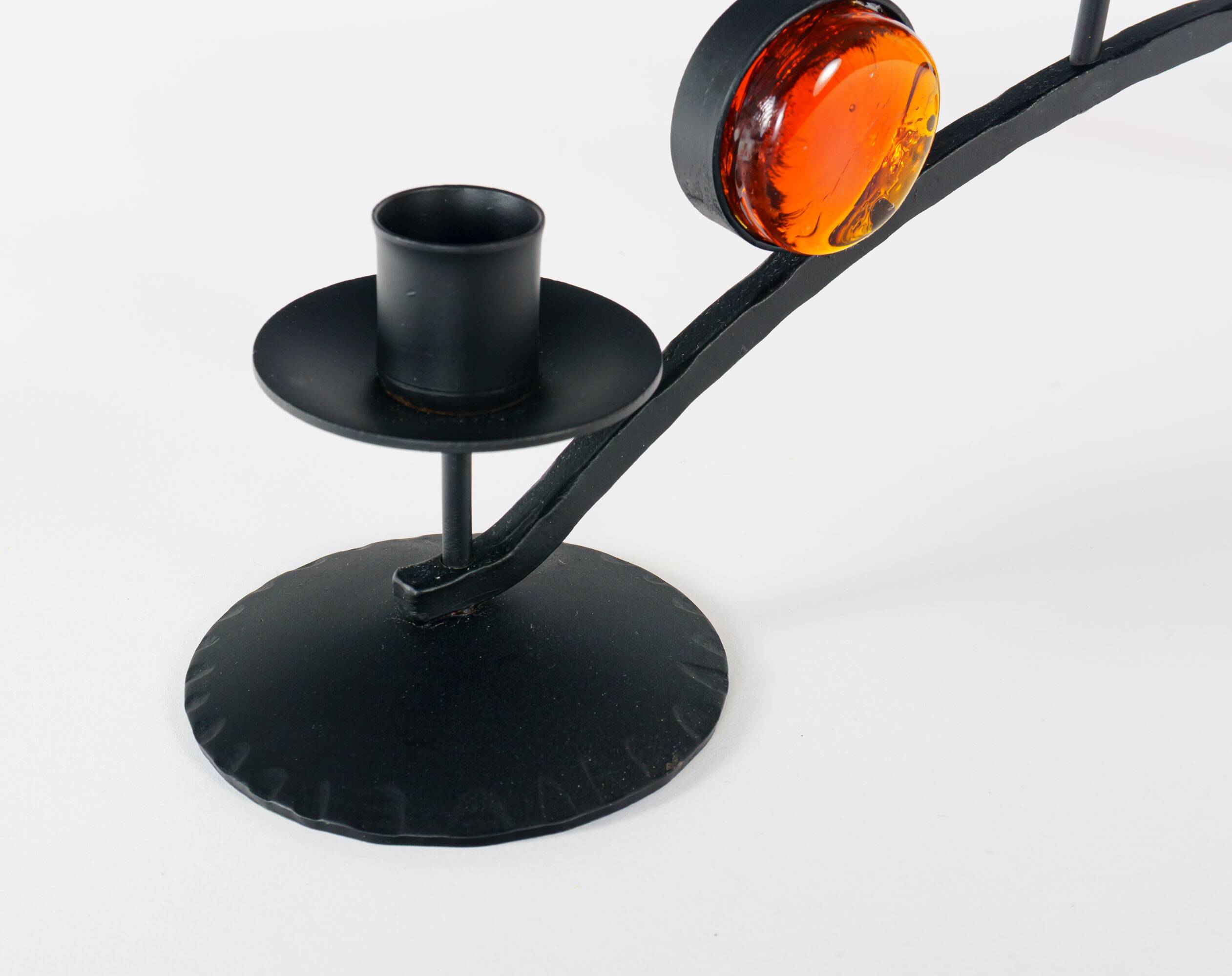1970s Swedish Wrought Iron Candlestick with Orange Lindshammar Glass