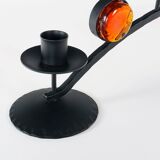1970s Swedish Wrought Iron Candlestick with Orange Lindshammar Glass