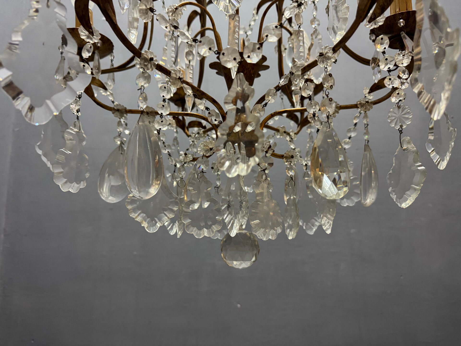 Large Gilded Florentine Tole and Crystal Chandelier, 1950s