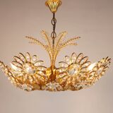 Ernst Palme Grand Chandelier Palm Tree Flower Palwa, Gilded Brass, Crystals, 1970s