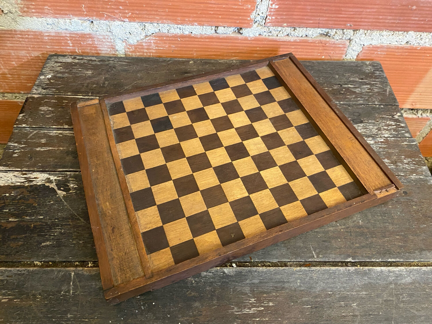 Double-Sided Wooden Checkers + Chess Game Board + Vintage Squares #D62