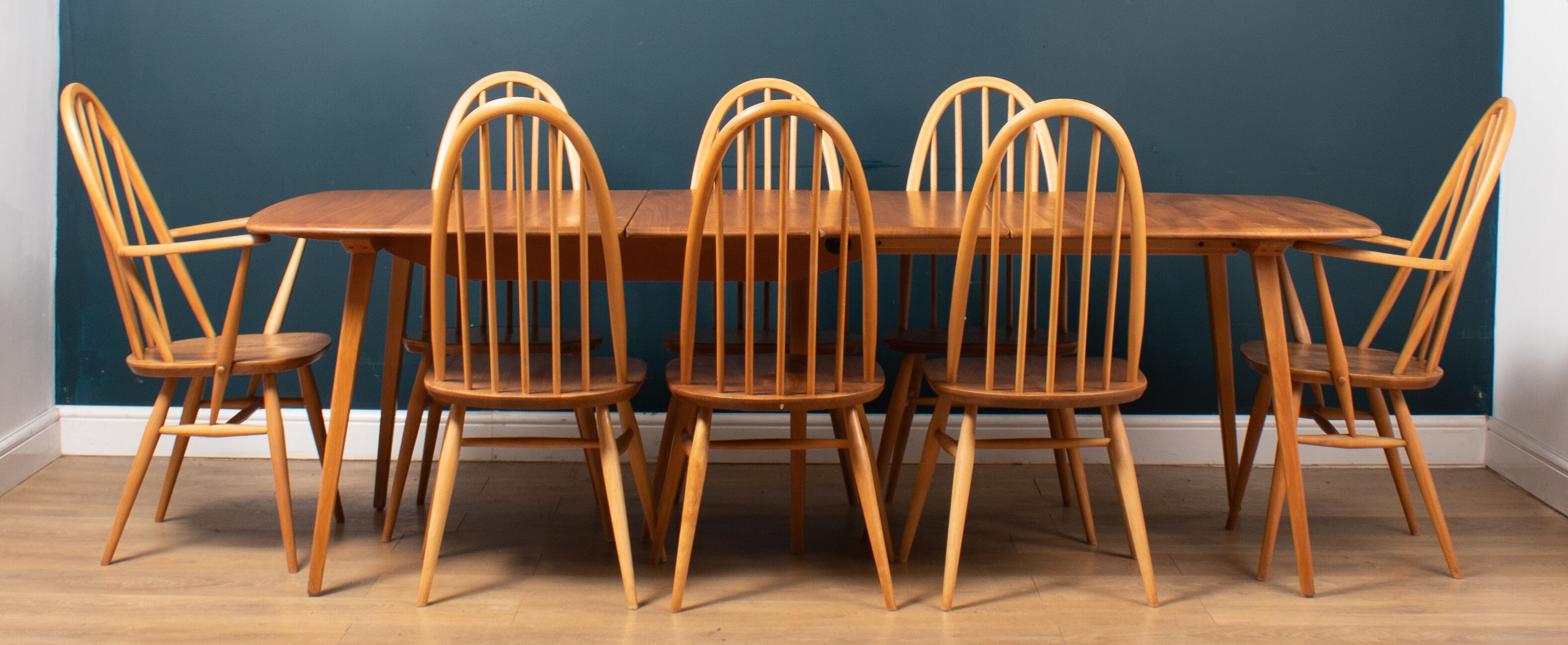 Vintage ercol elm model 445 grand plan dining table & 8 chairs including two carvers
