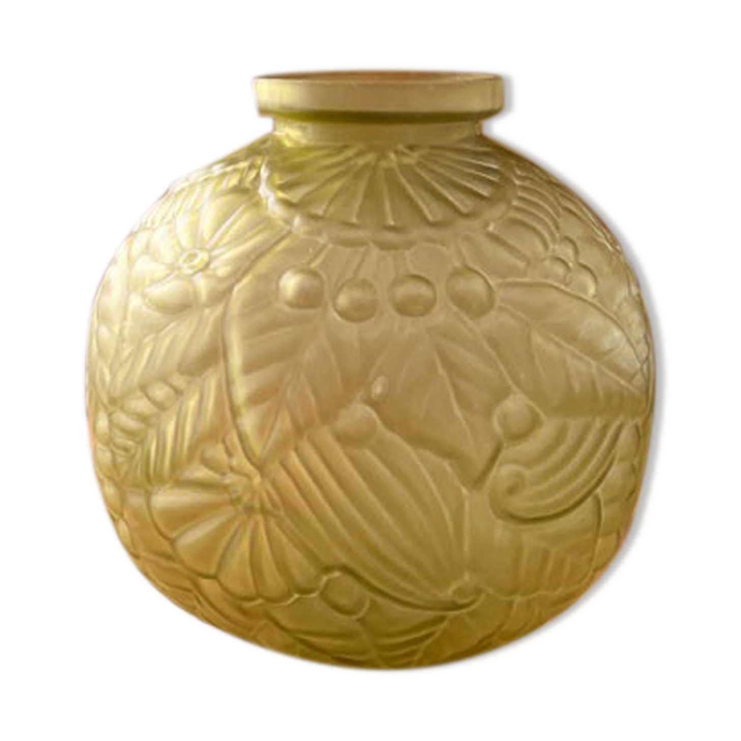 Large Art Deco ball vase in frosted glass ocher yellow