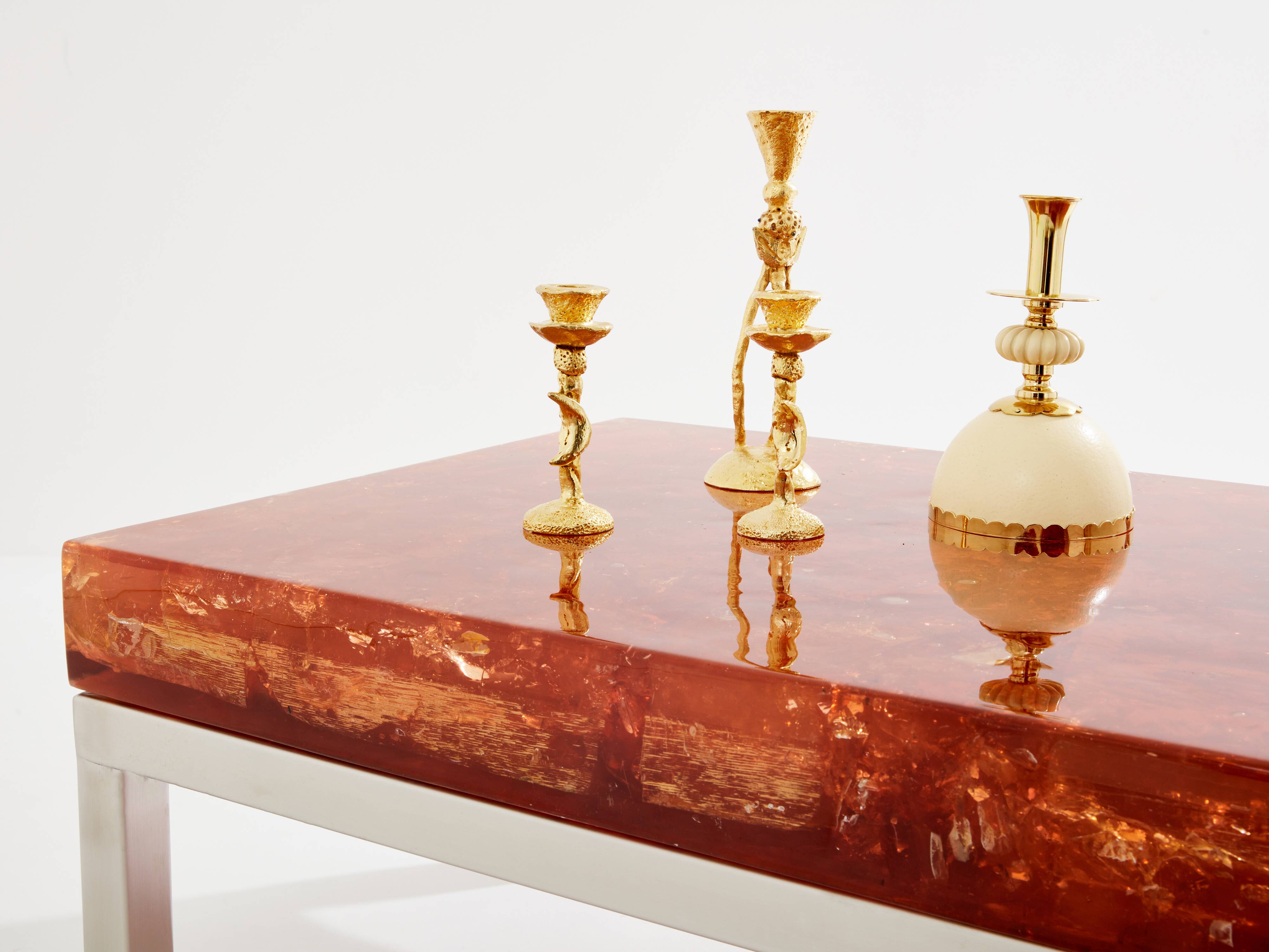 Marie-Claude De Fouquières orange fractal resin coffee table 1970
