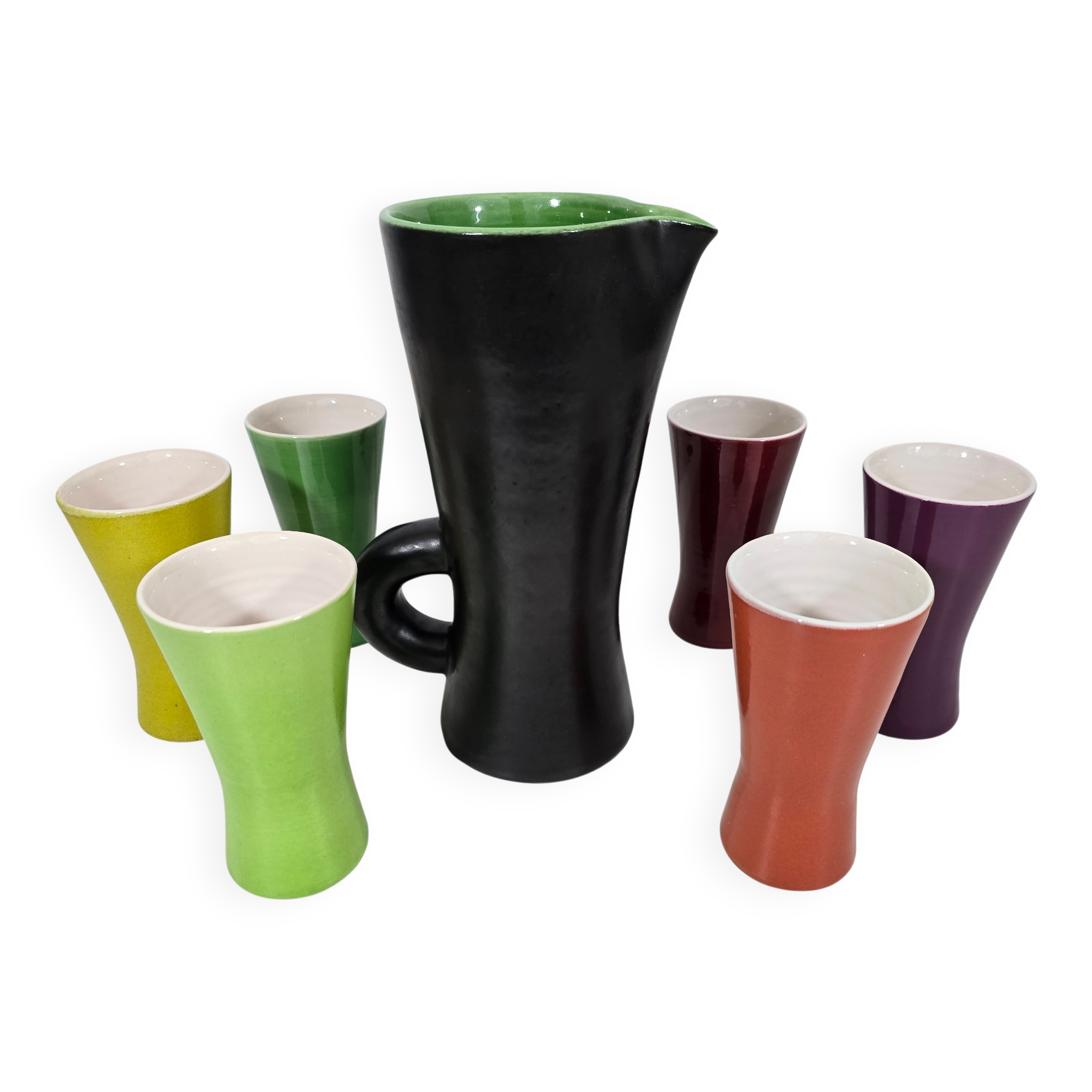 Pitcher and 6 cups model 860 by Pol Chambost in ceramic from around 1950.