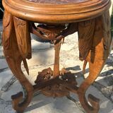 Small carved solid walnut side table with marble top