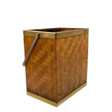 Hollywood regency brass and woven bamboo magazine rack, Metal Linea Nova Italy 1970