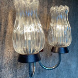 Vintage double light wall lamp in teak and molded glass