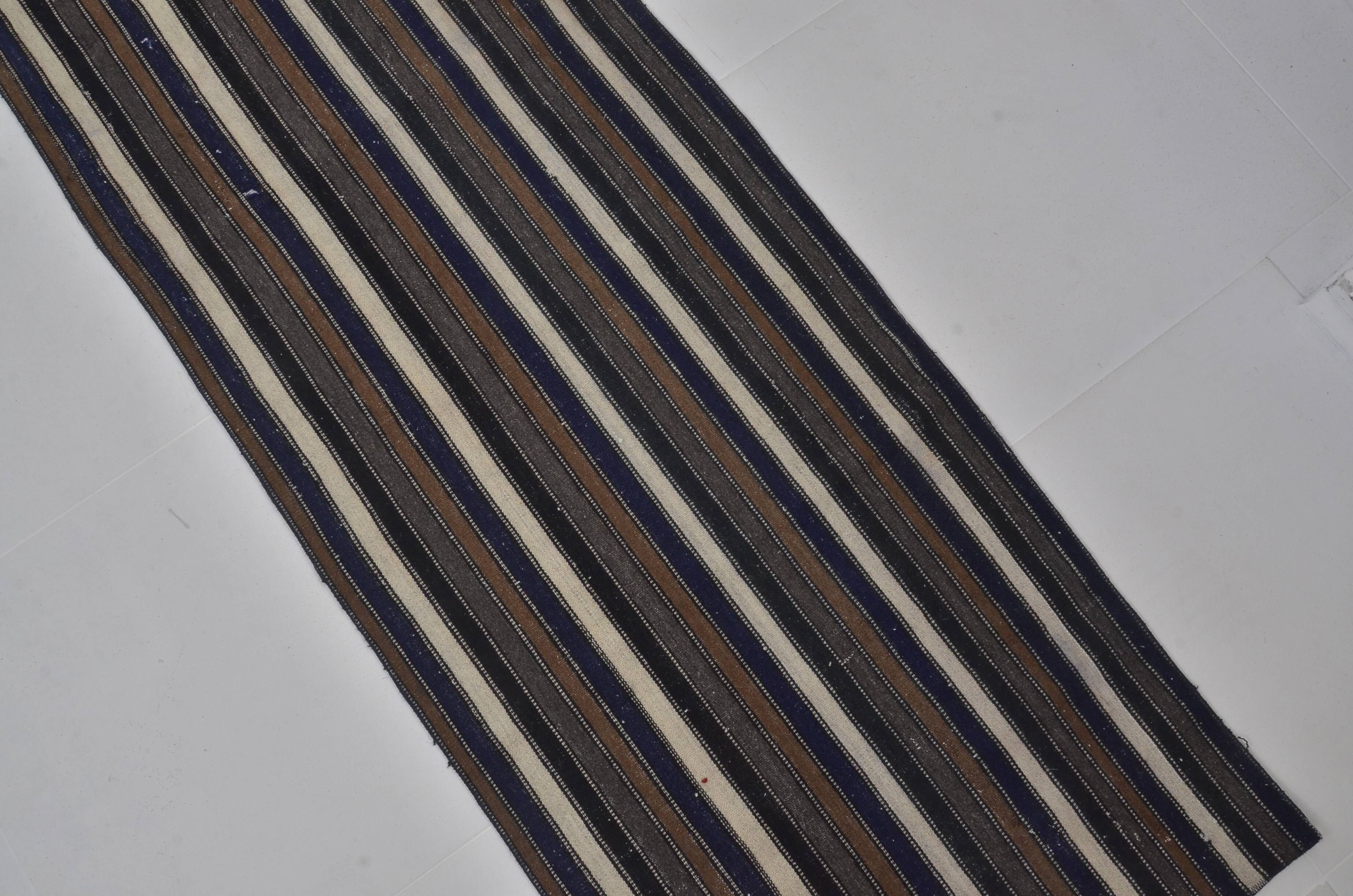 Couverture en kilim en laine turque Oushak à rayures, sku 3776
