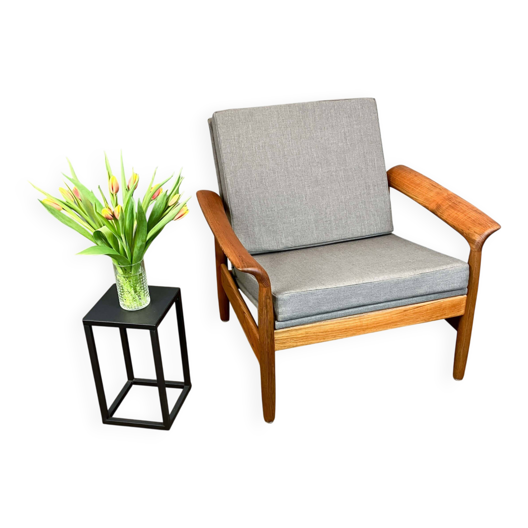 Armchair, teak with grey upholstery, 1960s
