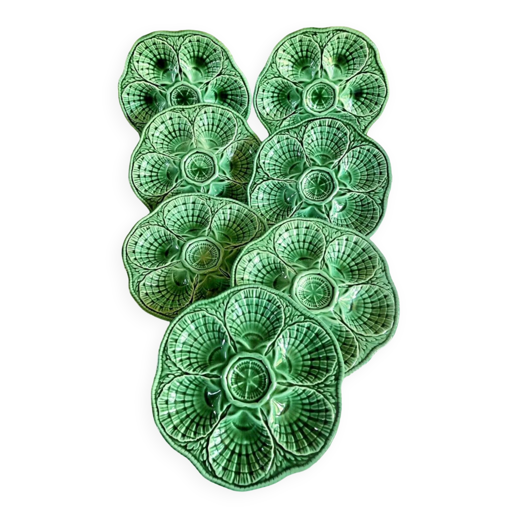 7 old oyster plates Sarreguemines green slurry