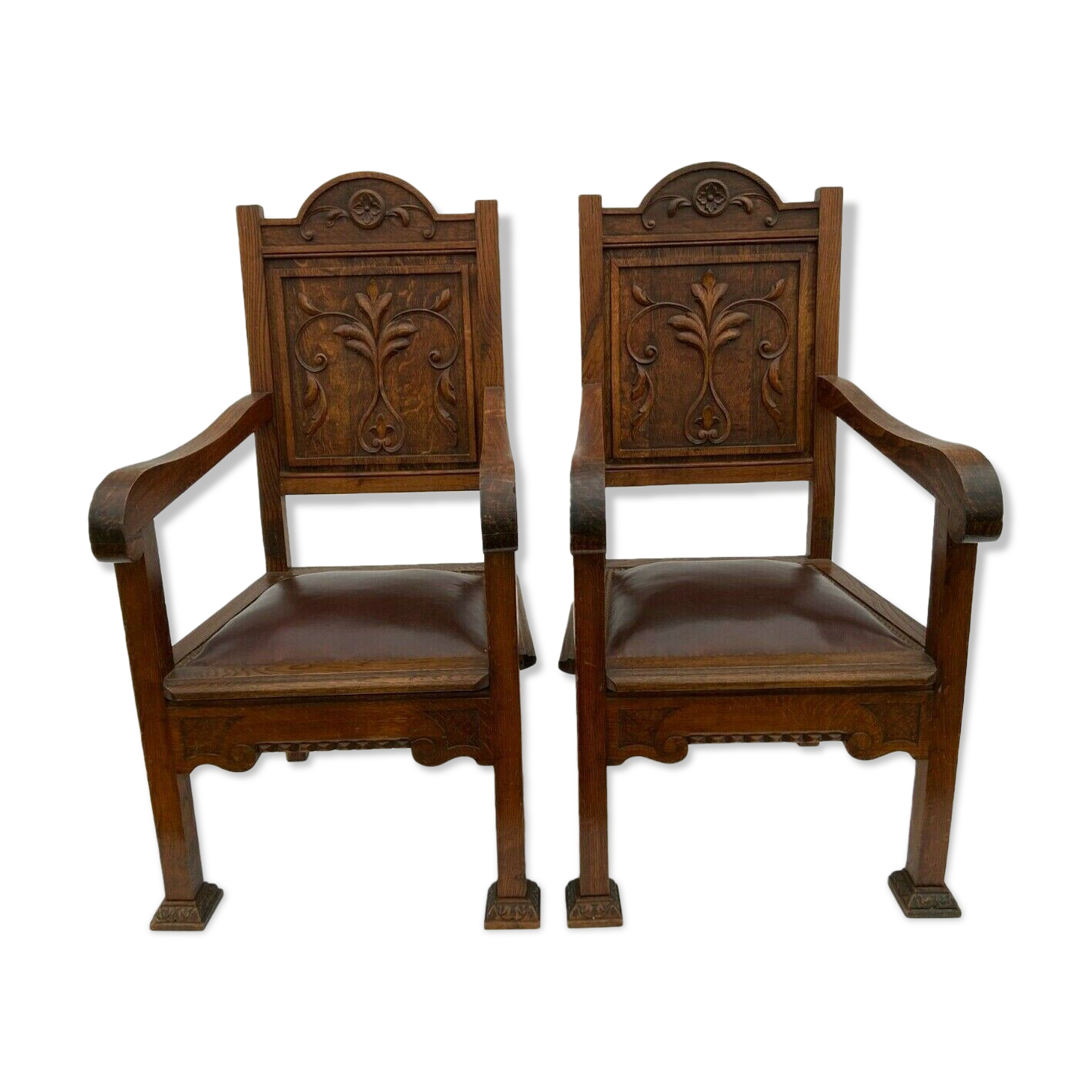 Pair of armchairs trone XIX eme neo gothic sculpts leather seat